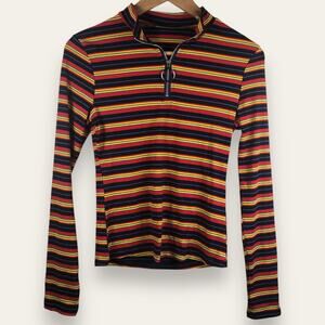 SHEIN Multicolor Striped Long Sleeve Quarter Zip Knit Ribbed Tee Shirt
